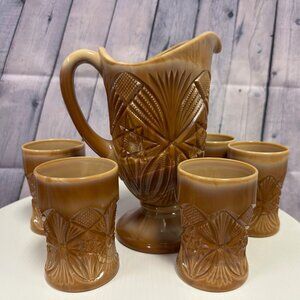 Mosser Glass Diamond Cut Chocolate Slag Pitcher & 5 Tumblers Set 6 Pcs